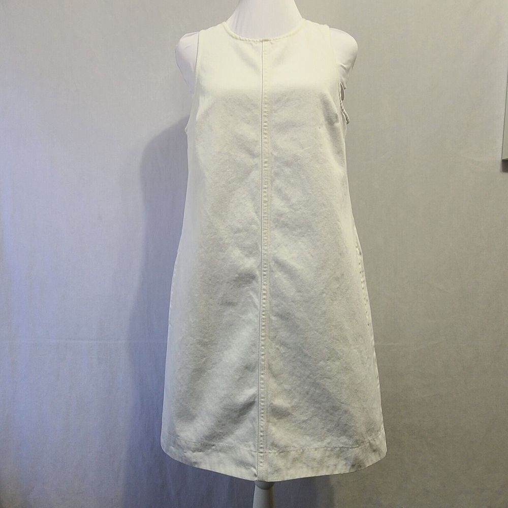 J. CREW White Denim Sleeveless Shift Dress Women's 4 Button Back Closure Pockets